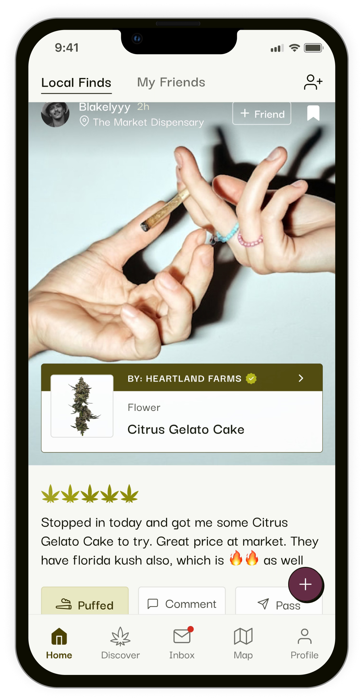 Puff Club mobile app interface showing local finds and product reviews
